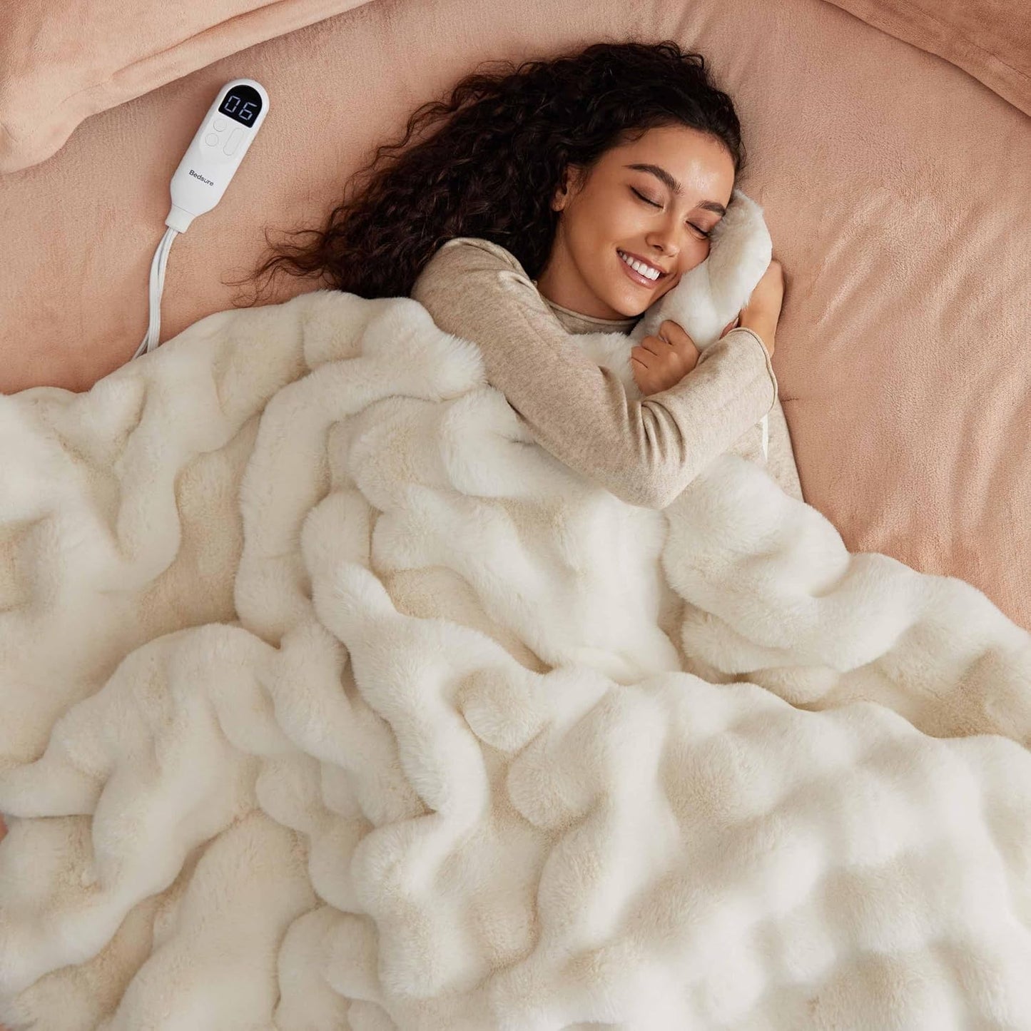 Bedsure Heated Blanket Electric Throw - Thick Striped Fast Heating Electric Blanket with Preheat Function, 6 Heat & 6 Timer (Up to 10H), 8H Auto Off, ETL Certified, Gifts for Women (50"x60", White)