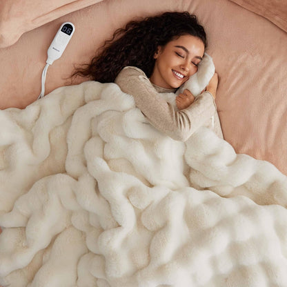 Bedsure Heated Blanket Electric Throw - Thick Striped Fast Heating Electric Blanket with Preheat Function, 6 Heat & 6 Timer (Up to 10H), 8H Auto Off, ETL Certified, Gifts for Women (50"x60", White)