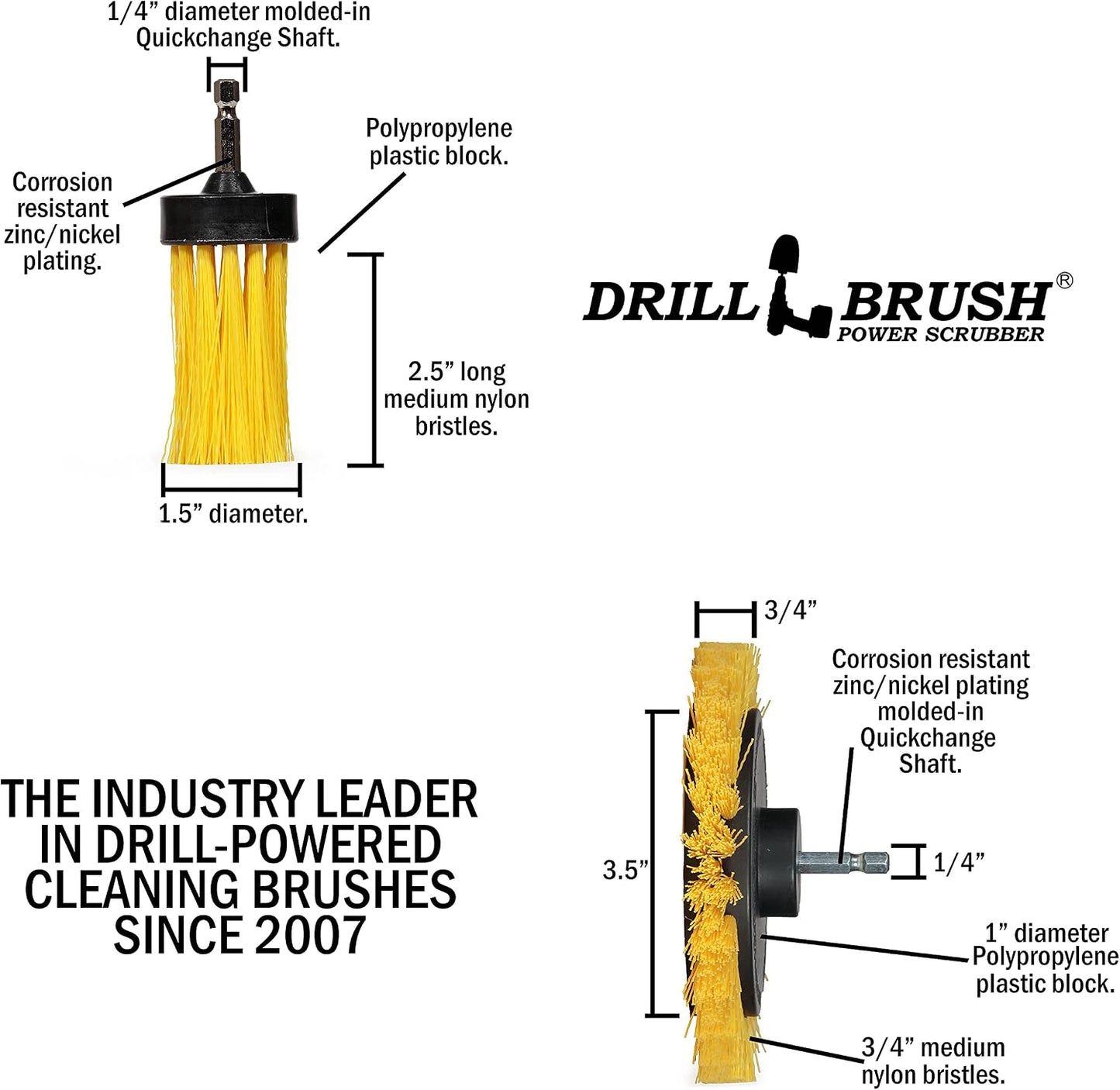 Tile and Grout Cleaning Drill Brush Set - Bathroom Scrub Brush for Drill | 3 pack Drill Brush Power Scrubber Cleaning Brush Yellow Medium Stiffness - Shower Floor Scrub Brush for Drill - Crevice Brush