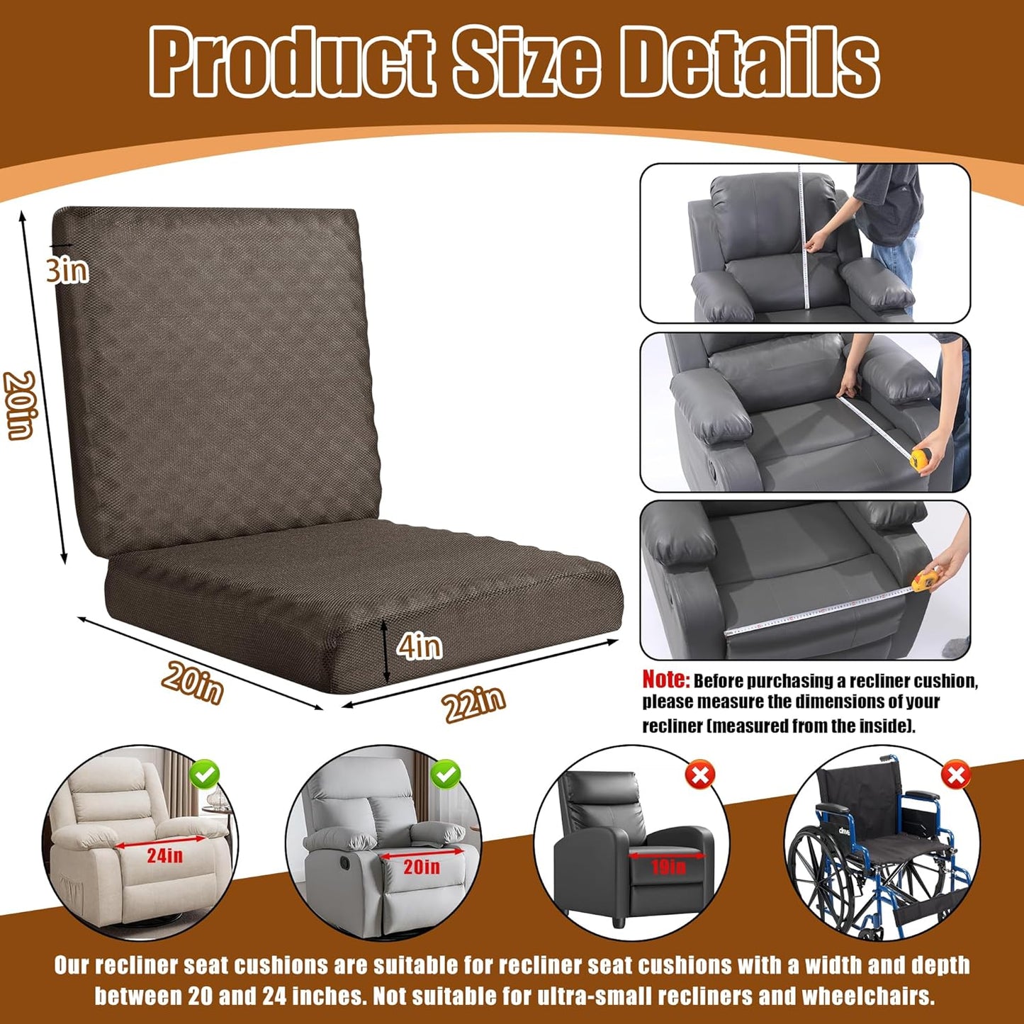 BALAPET Recliner Cushions for Long Sitting, Egg Crate Foam Recliner Cushion for Elderly Reduces Muscle Fatigue and Provides Air Flow, Extra Large Non-Slip Seat Cushion with Back Support(20*20*4in)