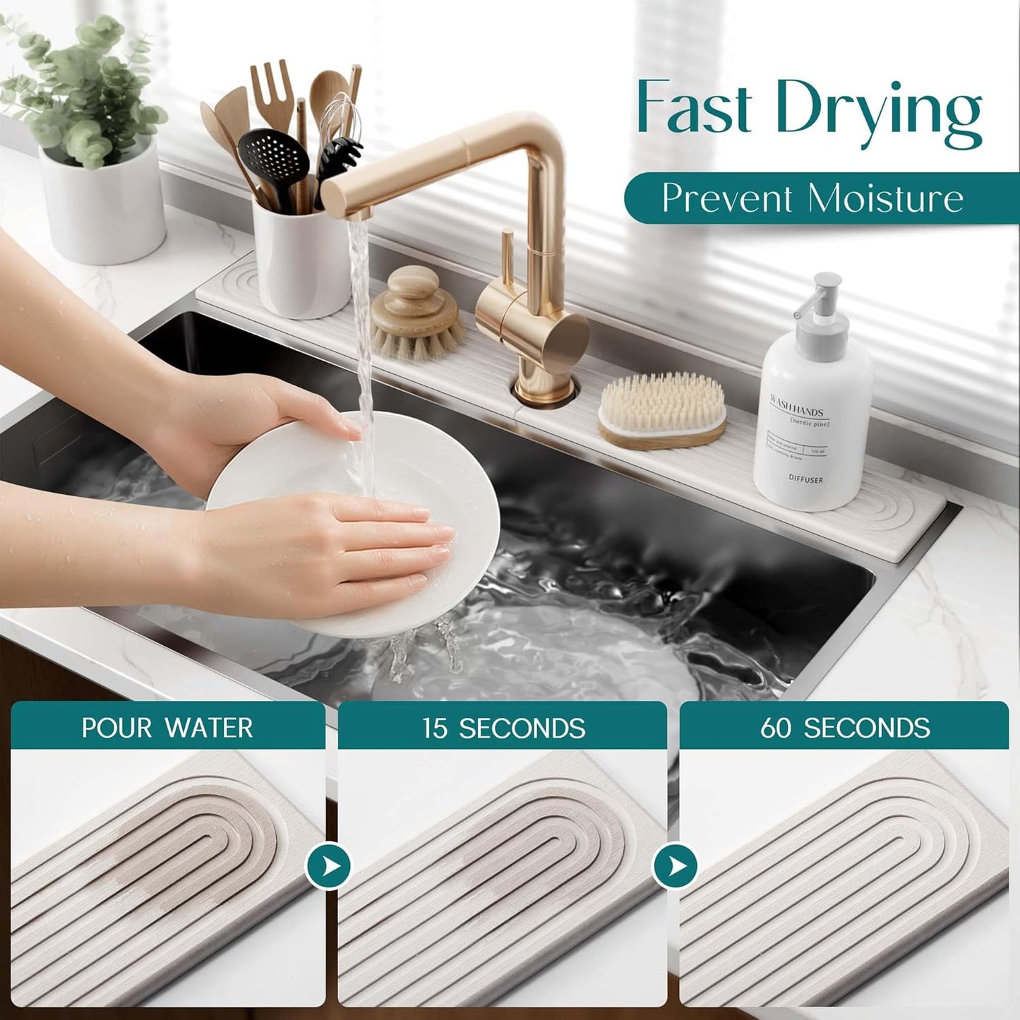 Stone Faucet Mat for Kitchen Sink – Diatomite Drying Stone Mat & Sink Protector, Prevents Moisture – Sink Splash Guard Water-Absorbing Stone Tray for Bathroom Counter (Light Grey, 20" x 3.9")