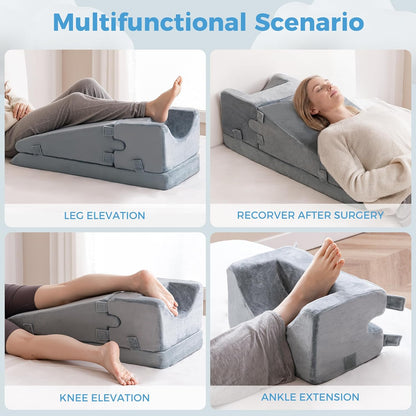 Leg Elevation Pillow for Sleeping, Foam Wedge Pillow Set for After Surgery, Knee Pillow for Side Sleepers, Elevating Leg Rest Cushion for Knee Replacement, Swelling, Back Pain & Circulation Support