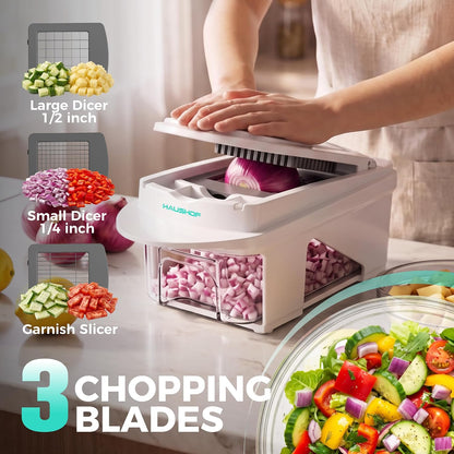 HAUSHOF 9-in-1 Vegetable Chopper & Mandoline Slicer, 7 Blades, Drain Basket | Food and Veggie Chopper and Dicer, Grater, Kitchen Prep Tool with Container, Safety Holder, Interchangeable Blades