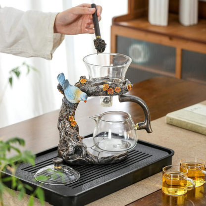 Glass Kungfu Teapot Set Tea maker with Infuser Semi Automatic Tea Set with 6 Small Cups (Red)
