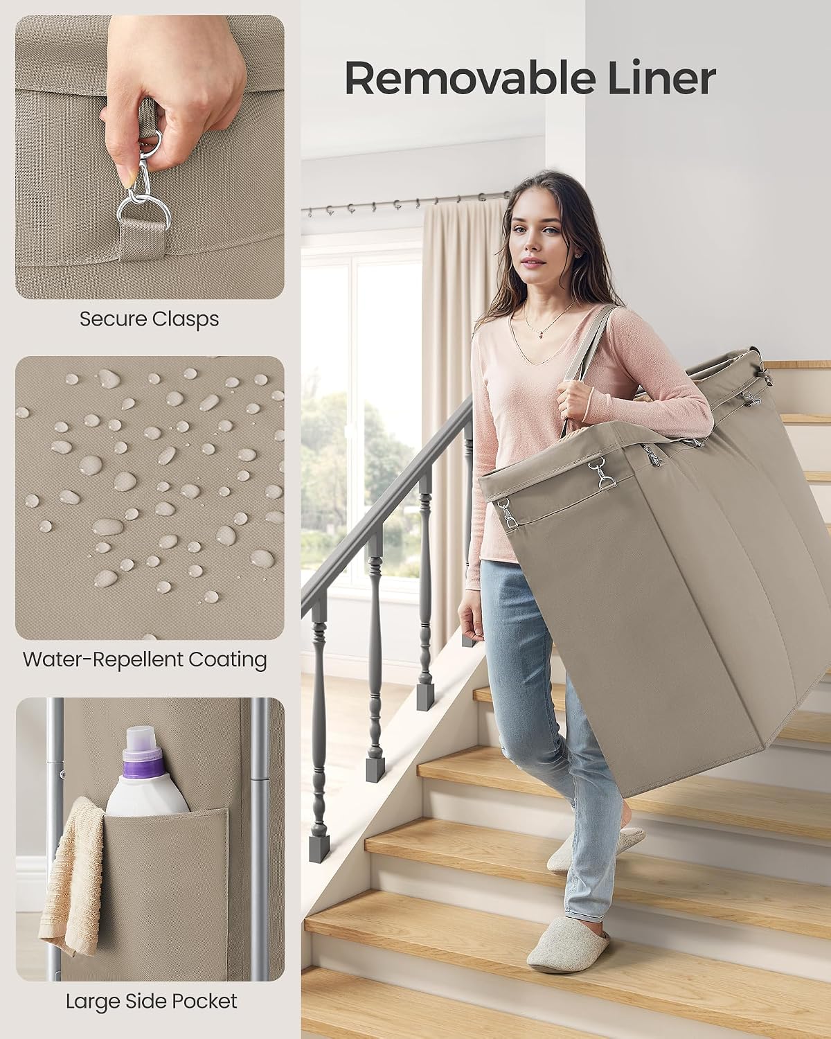 SONGMICS Laundry Basket with Wheels, 4-Section Rolling Laundry Hamper, 68.6 Gallons (260 L), Removable Liner, Steel Frame with Handle, 43.3 x 15.4 x 31.9 Inches, Cream White URLS014W01