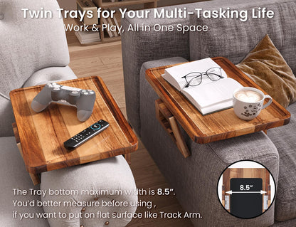 2 Packs Acacia Wood Couch Arm Tray，Folding Sofa Armrest Table | Clip-On Couch Desk,Foldable, Non-slip,No Assembly，for Drinks Snacks Phone，Remote Control