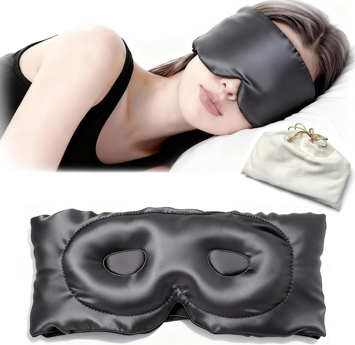 100% Mulberry Silk Sleep Mask for Women & Men – 22 Momme 6A Grade, 3D Contoured Total Blackout Eye Mask for Side Sleepers, Eyelash Extensions, Adjustable Strap, Breathable Blindfold (Black)