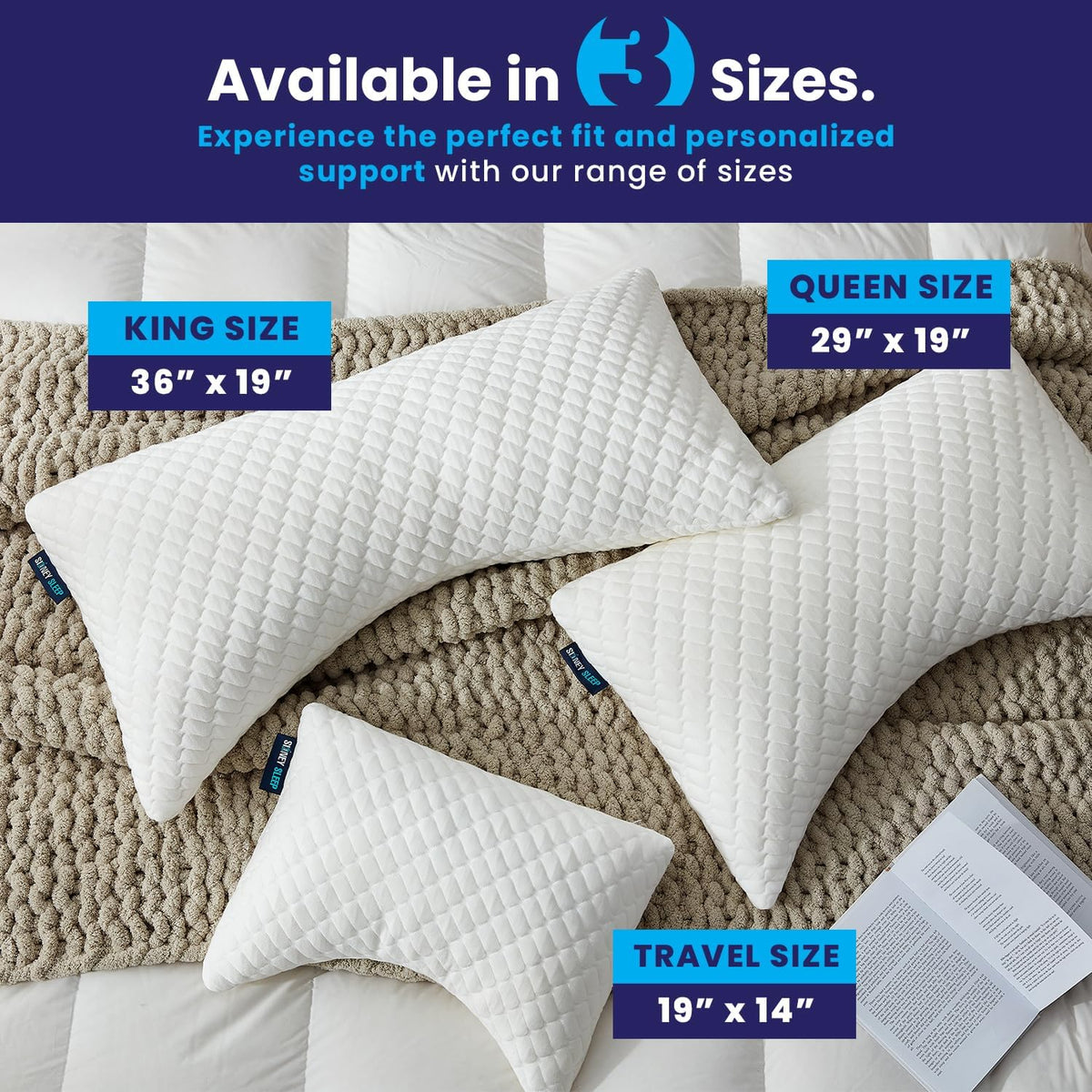 Sidney Sleep Adjustable Curved Pillows for Neck and Shoulder Support with Extra Shredded Fill - Cervical Contour Pillow for Side and Back Sleepers - Queen Size 19" x 29" CertiPUR-US Certified (White)