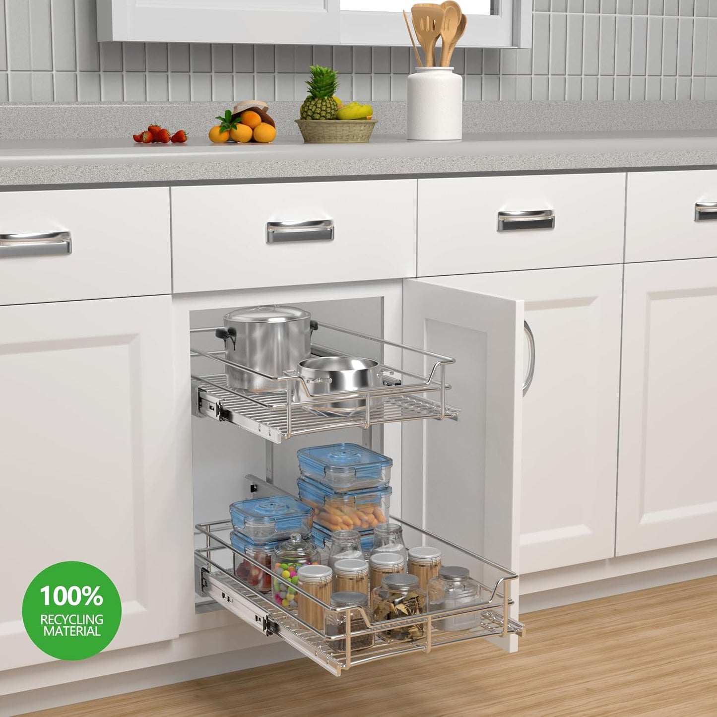 2-Tier Cabinet Pull Out Shelves, 14" W x 22" D, Chrome | Heavy-Gauge Wire Kitchen Cabinet Organizer, 100 lbs Capacity, Ball-Bearing Glides, Min 15" Opening, For Tupperware & Bowls
