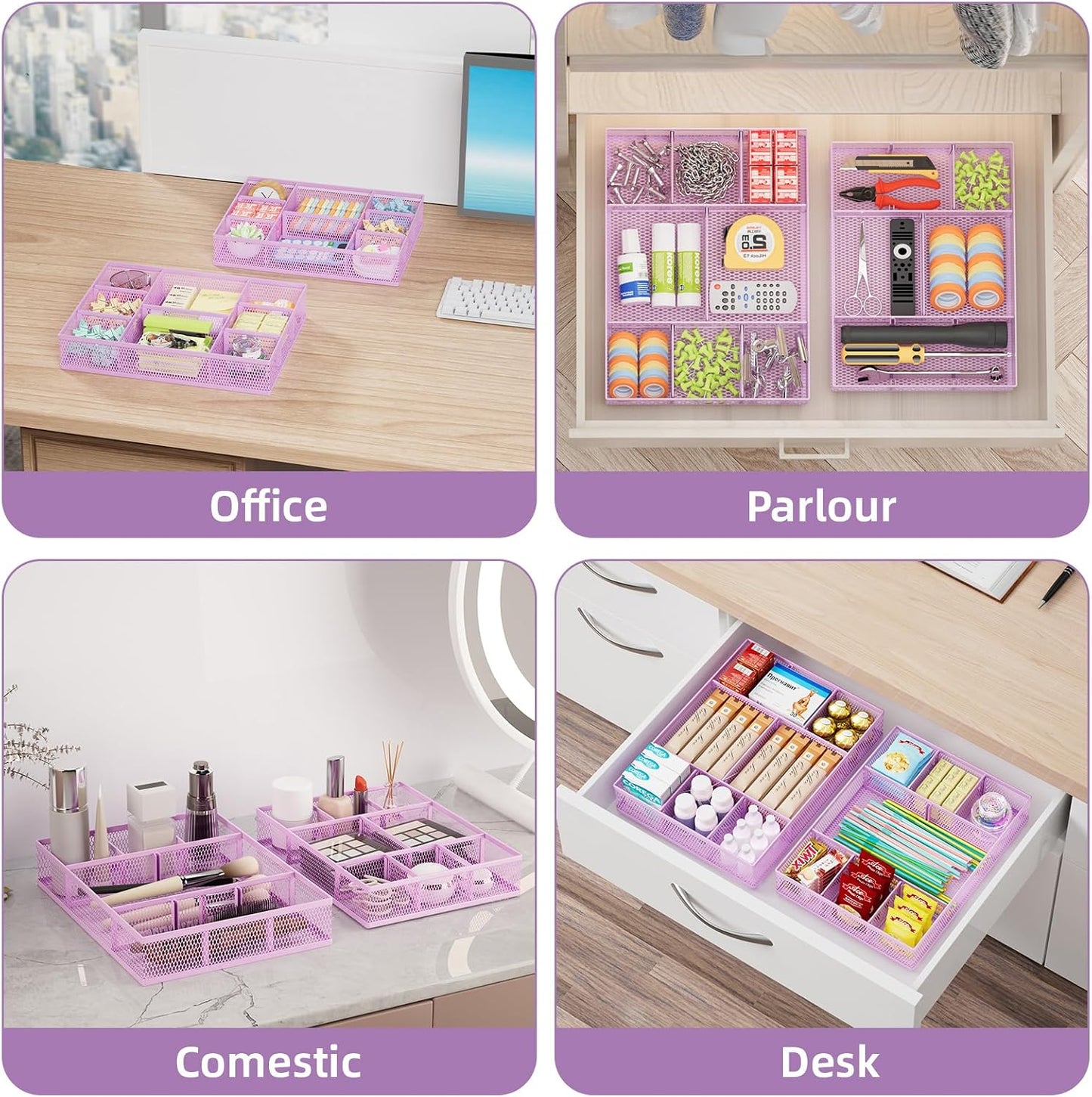 Marbrasse 2 Pack Desk Drawer Organizer, Mesh Drawer Organizer Tray with 8 Adjustable Compartments, Desk Organizers and Accessories, 5 Dividers Drawer for Office Supplies, Makeup & Vanity (Black)