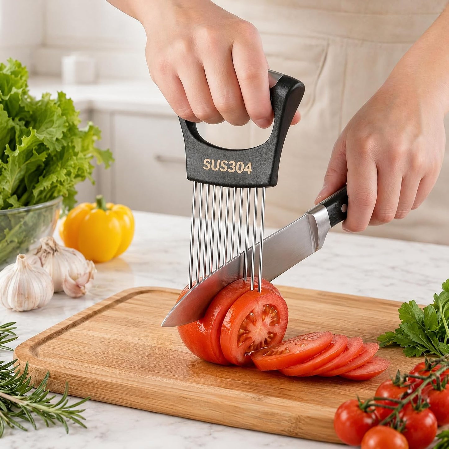 304 Stainless Steel Onion Holder & Slicer - Multi-Fruit Vegetable Fixing Tool with Sharp Prongs for Tomato, Lemon, Avocado - Safe Kitchen Gadget