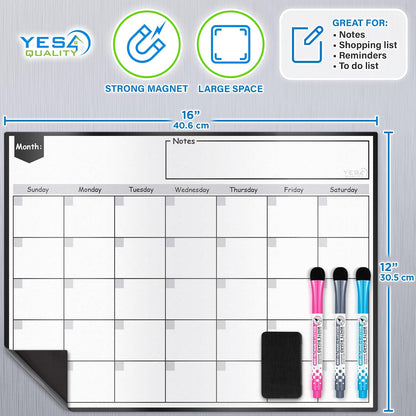 Magnetic Dry Erase Calendar 16x12 for Fridge with 3 Markers & Eraser | Strong magnetic dry erase calendar keeps schedules, meals and family plans organised on your fridge.