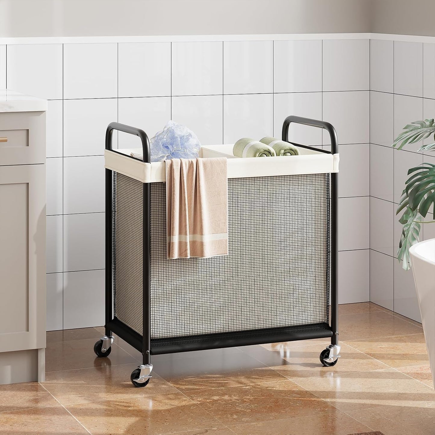 ELYKEN Laundry Hamper 2 Section, 100L Rolling Laundry Sorter with Wheels | Removable Washable Liner Bags, Sturdy Steel Frame and Metal Handle, Double Compartment Clothes Organizer for Laundry Sorting