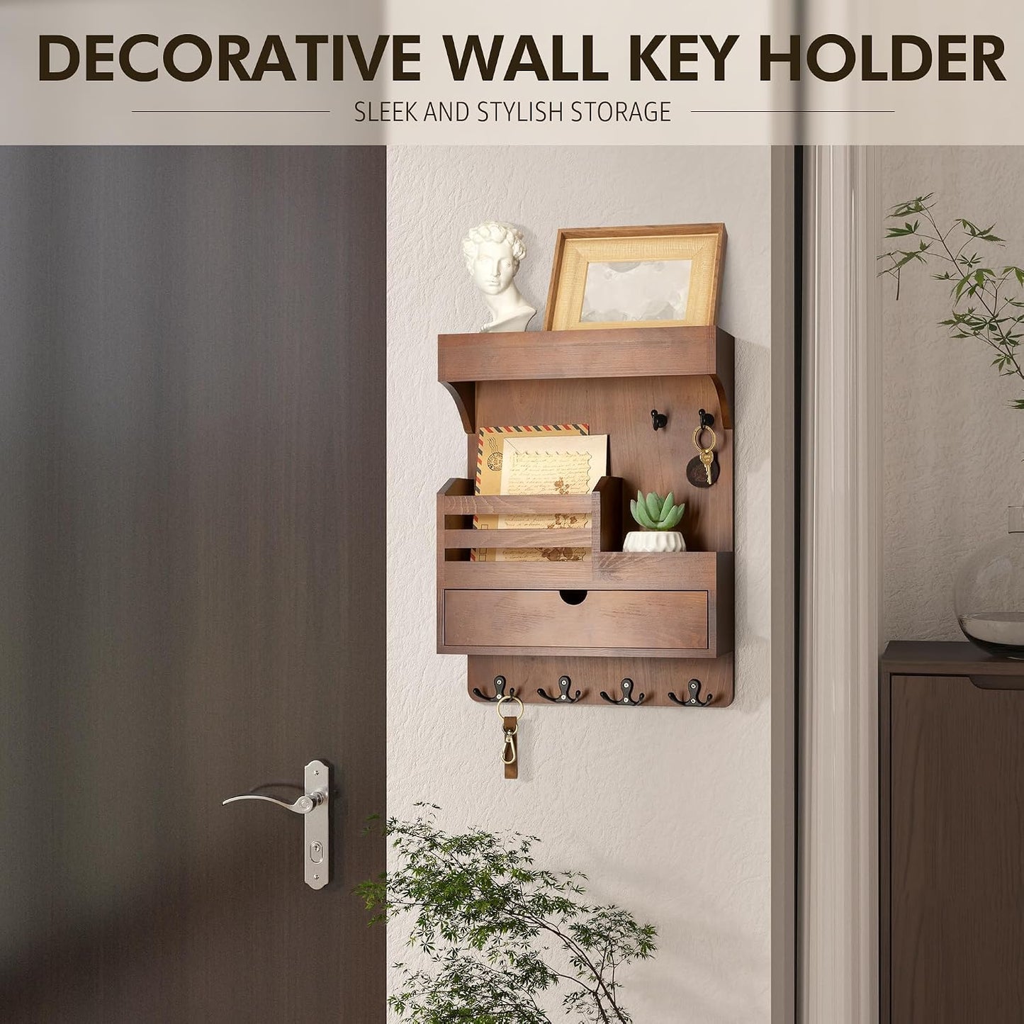 Rebee Vision Key Holder Wall Mount with Drawer Organizer for Entryway,Brown | Pine Wood, 6 Key Hooks, Display Shelf for Plants, Mail Slot for Storage Letter, Multi-Funtional Design, Home Storage