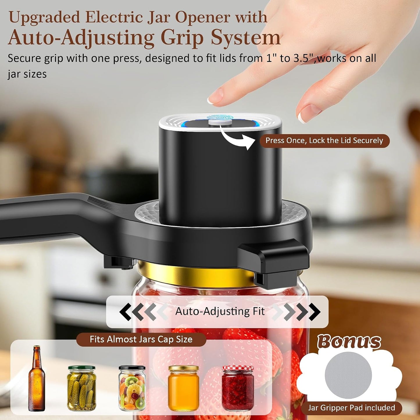 Electric Jar Opener for Seniors with Auto-Adjusting Gripper,Fit 1"-3.5" Cap | Rechargeable Jar & Bottle Openers for Weak Hands and Arthritis, Easy Twist Off Lid Opener with Rubber Gripper Pad，Red