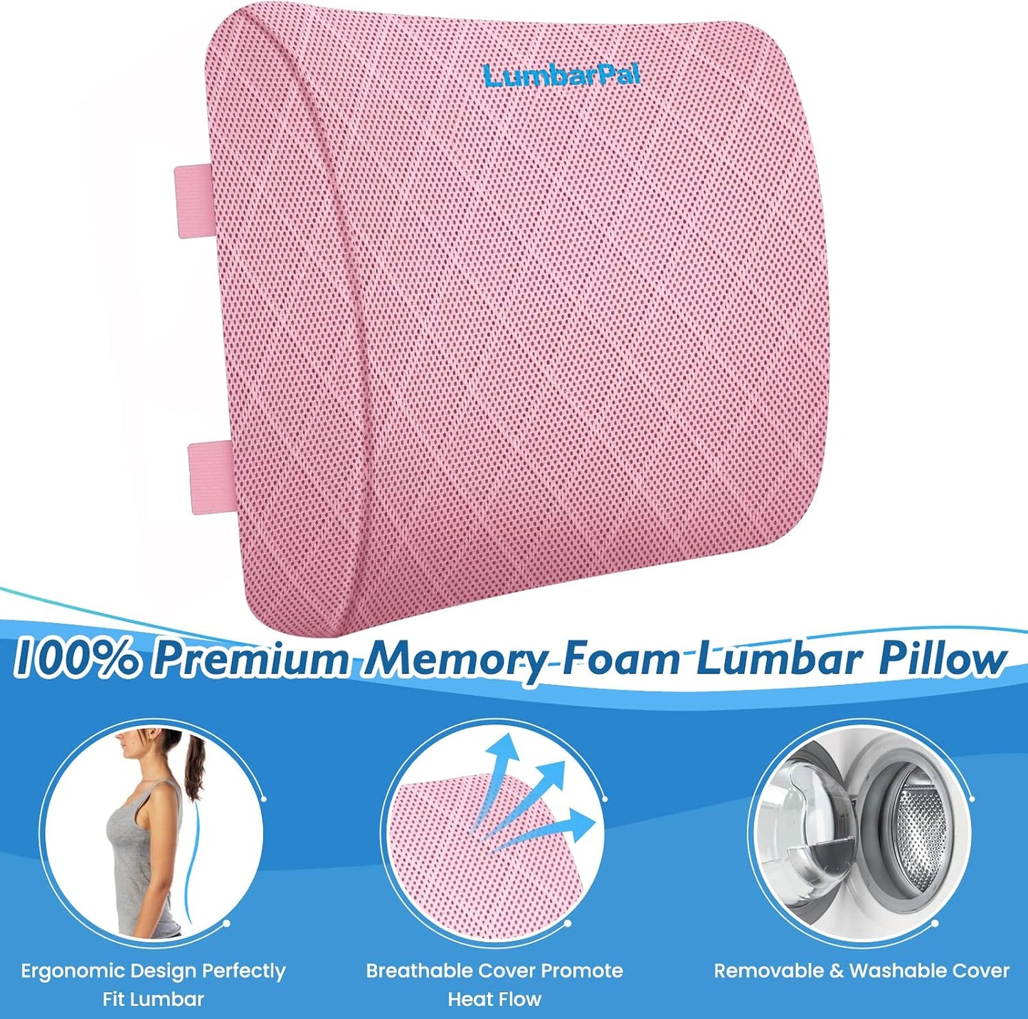 Lumbar Support Pillow for Office Chair, Back Support, Memory Foam, Grey | Improve Sitting Posture & Back Pain Relief. Lumbar Pillow Fits Office, Gaming & Car Chairs with Adjustable Dual Straps