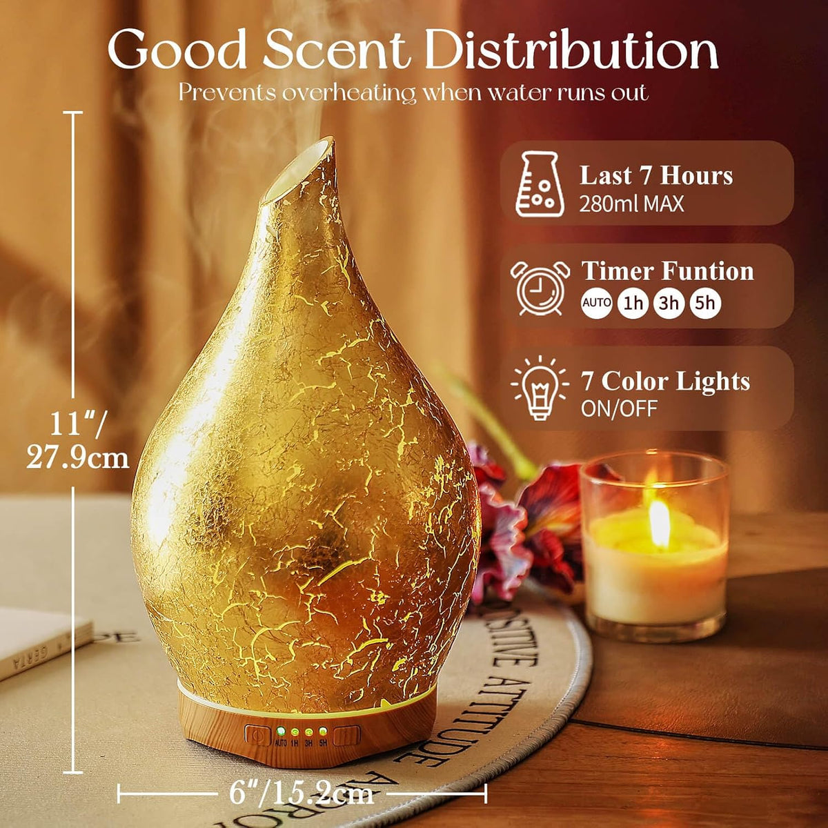 Porseme Essential Oil Diffuser 280ml Handmade Glass Diffuser 7H Runtime | Elegant Handmade Glass Aroma Diffuser with 7-color LEDs, Quiet Aromatherapy and Safe Auto Shut-off, Perfect for Gifts