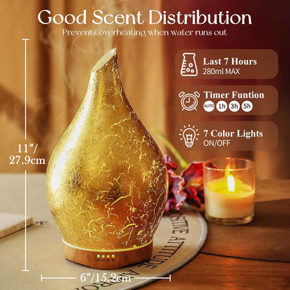Porseme Essential Oil Diffuser 280ml Handmade Glass Diffuser 7H Runtime | Elegant Handmade Glass Aroma Diffuser with 7-color LEDs, Quiet Aromatherapy and Safe Auto Shut-off, Perfect for Gifts