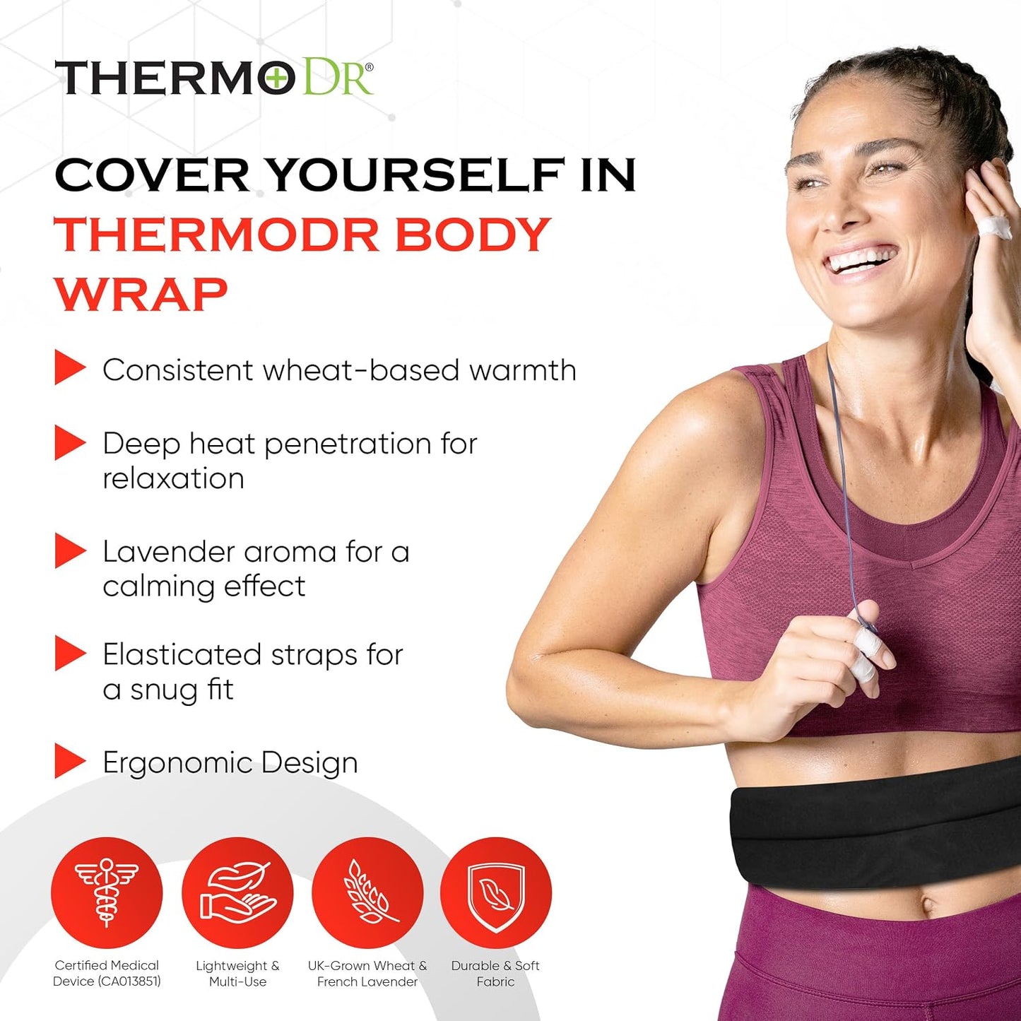 Microwavable Heating Pad for Neck, Back, & Shoulders - Heating Bean Bag Microwavable Pillow w/Elasticated Strap - Wheat & Unscented Heating Pad Wrap - ThermoDR, Red