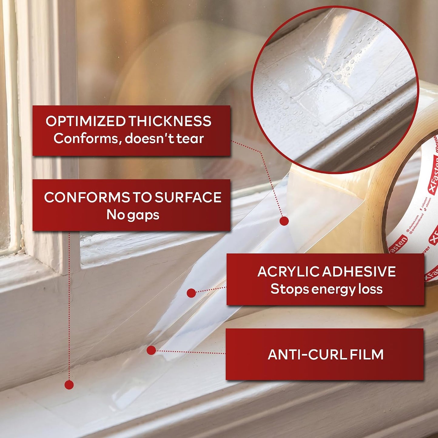 XFasten Transparent Window Weather Stripping Tape 2”x30yds (3-Pack Total 90yds), No Residue Insulation Tape for Windows and Doors, Winter Window Seal