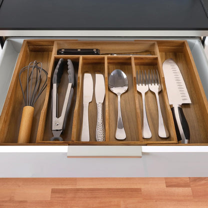 Expandable Bamboo Kitchen Drawer Organizer for Cutlery and Utensils, Adjustable Bamboo Wood Cutlery Tray in Drawer for Flatware and Silverware in Kitchen, (Natural)