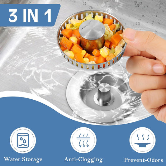 TGOSOMT Kitchen Sink Drain Strainer Stopper, Anti-Clog & Quick Drain | 3-IN-1 Design, Stainless Steel 304, Removable Strainer Basket, Corrosion & Scratch Resistant, Fits US Standard 3-1/2" Drain