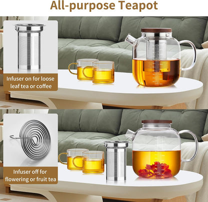 Glass Teapot with Infuser and Lid, 61oz/1.8L Large Borosilicate Glass Tea Pot with Removable Stainless Steel Strainer, Heat-Resistant Handle, Stovetop Safe Tea Kettle for Loose Leaf, Blooming Tea