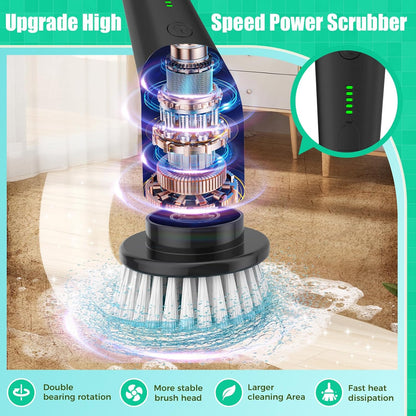 YKYI Electric Spin Scrubber, Cordless Power Cleaning Brush with Long Handle | 8 Brush Heads, 3 Handle Lengths, 2 Speeds, IPX7 Waterproof, 100-Minute Runtime for Tubs, Tile, Floors, Grout, Glass and Cars
