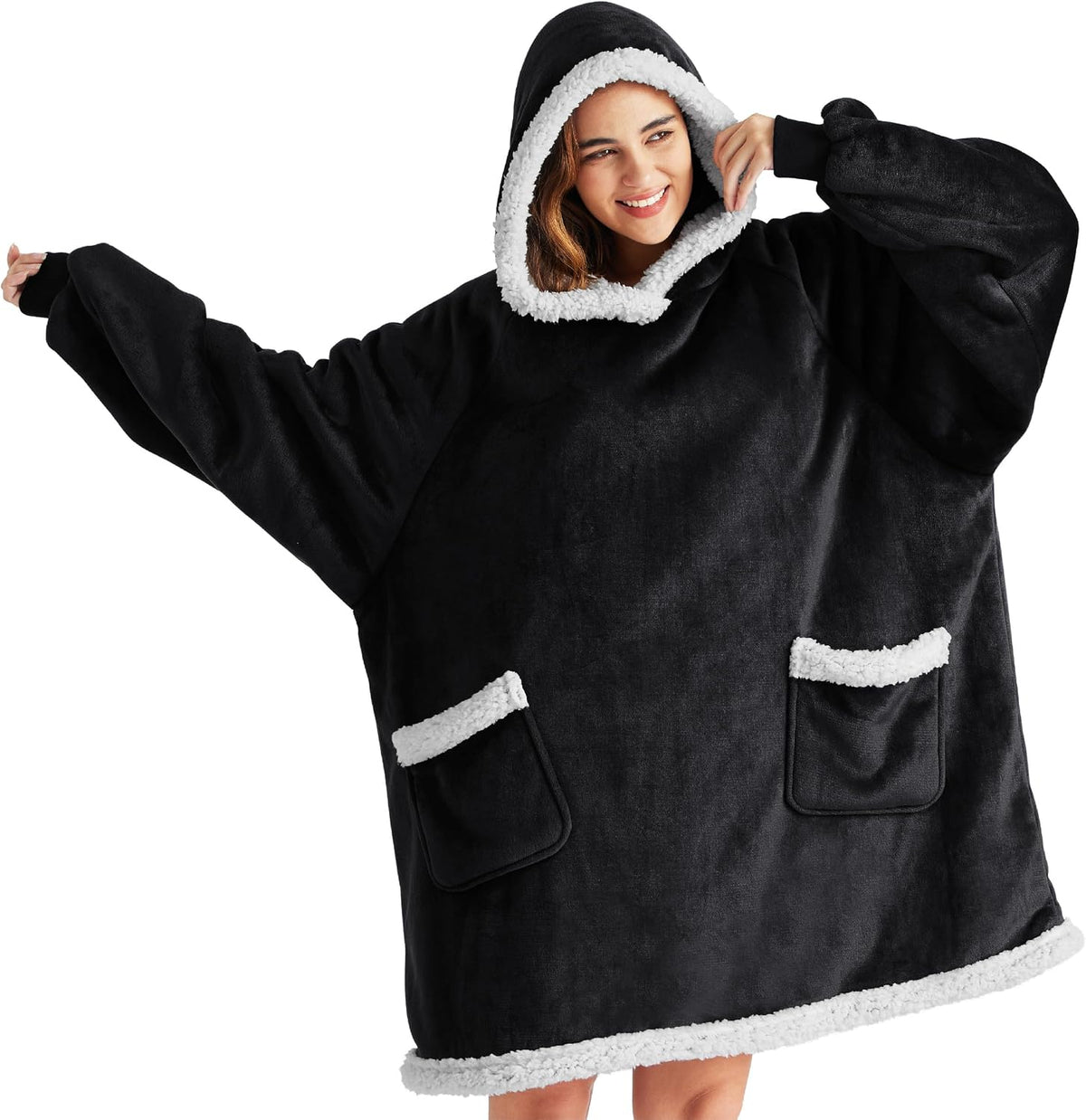 Bedsure Wearable Blanket Sherpa Hoodie Gifts, Sweatshirt, Grey, Standard
