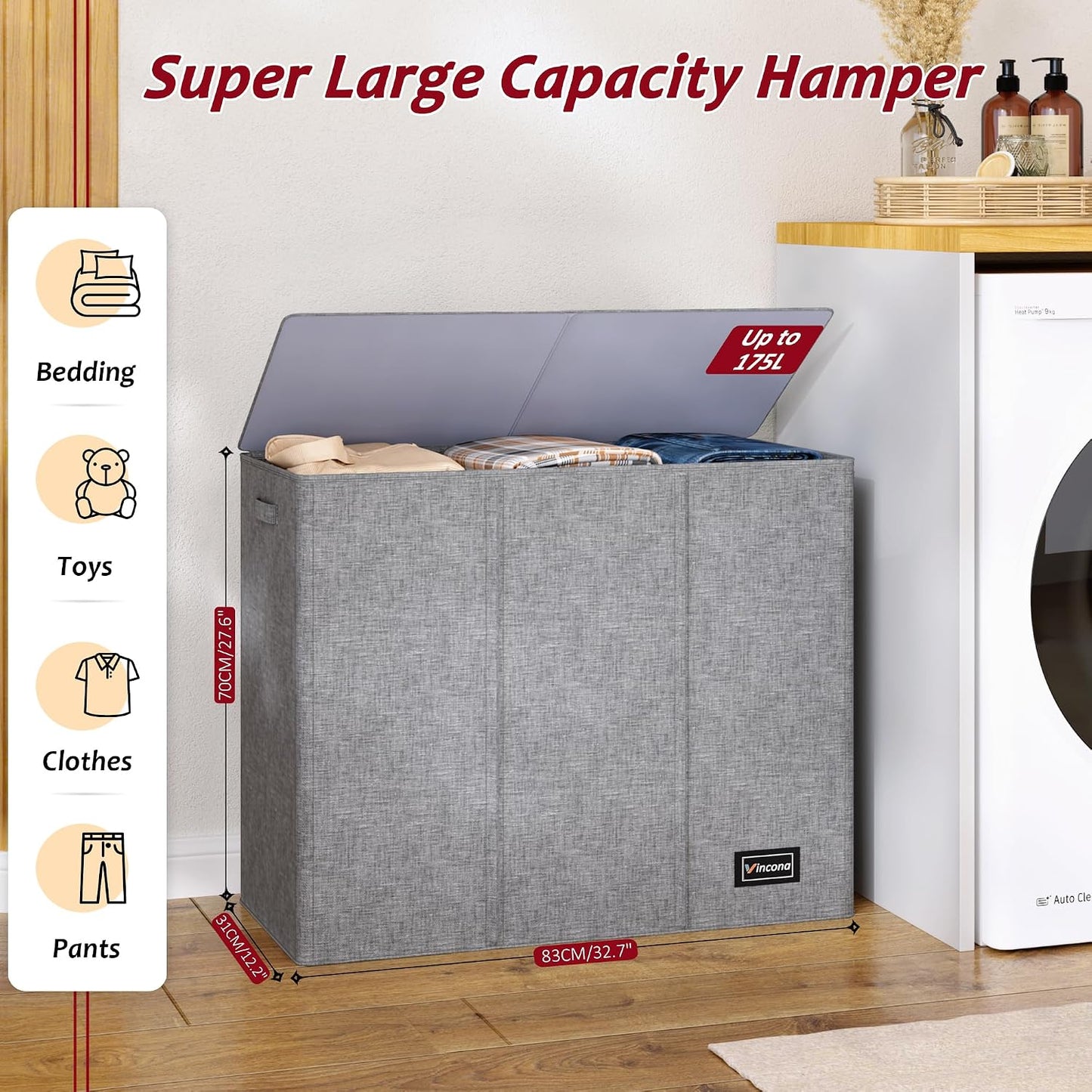 195L Laundry Hamper 3 Section,Large Laundry Hamper with Lid,Dirty Clothes Hamper with 3 Inner Bags,Collapsible Laundry Basket Organizer for Laundry Room,Bedroom,Laundry Sorter Hamper 3 Compartment