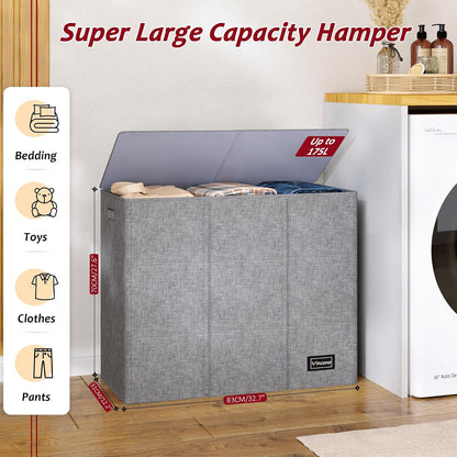195L Laundry Hamper 3 Section,Large Laundry Hamper with Lid,Dirty Clothes Hamper with 3 Inner Bags,Collapsible Laundry Basket Organizer for Laundry Room,Bedroom,Laundry Sorter Hamper 3 Compartment
