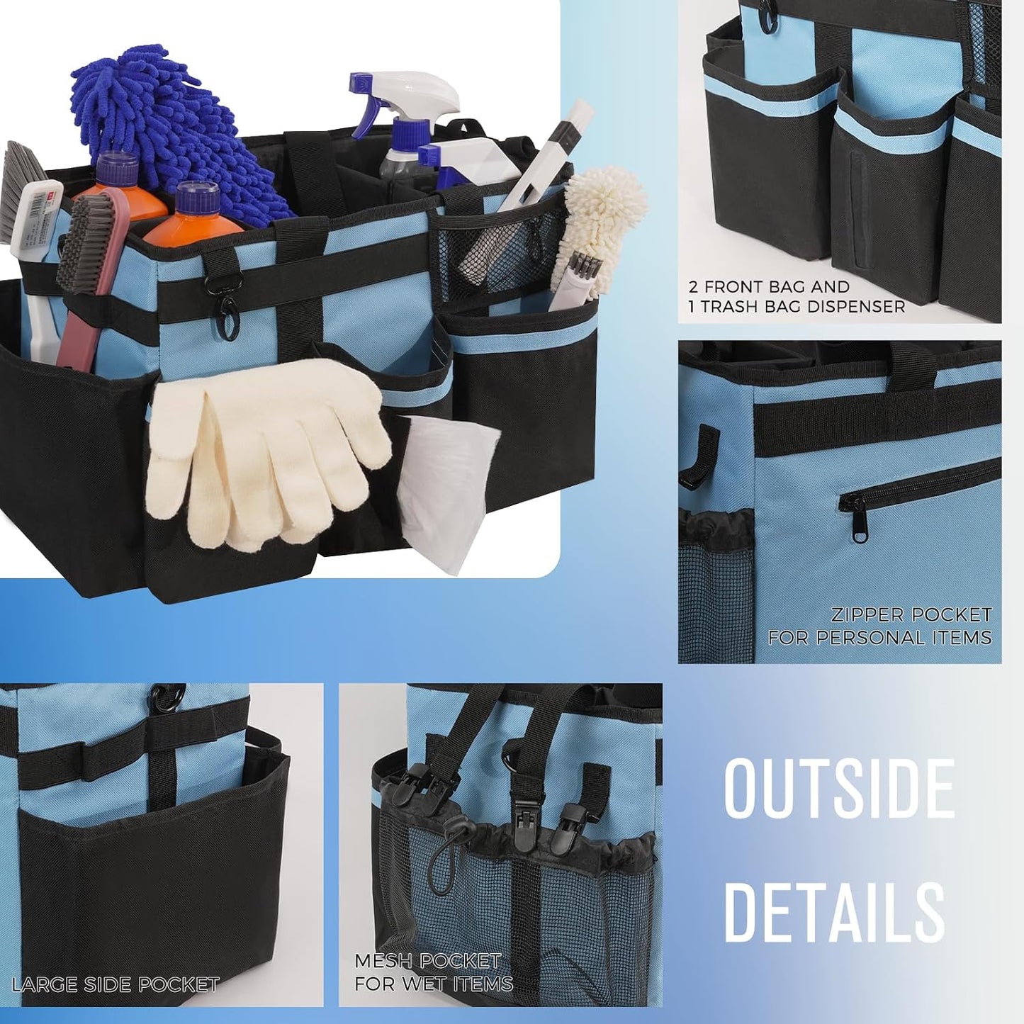 SCAVATA Wearable Cleaning Caddy, Cleaning Caddy Supplies Organizer with Handle & Shoulder Straps for Housekeepers, Under Sink & Car Cleaning Tool Organizers Bag with 4 Foldable Divider (NavyBlue)