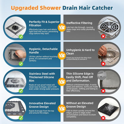 Hibbent Upgraded Shower Drain Hair Catcher for Bathroom Floor 4" Drain, Anti-Clogging Shower Drain Cover, Stainless Steel & Silicone Drain Strainer with Handle, Shower Drain Protector, Grey