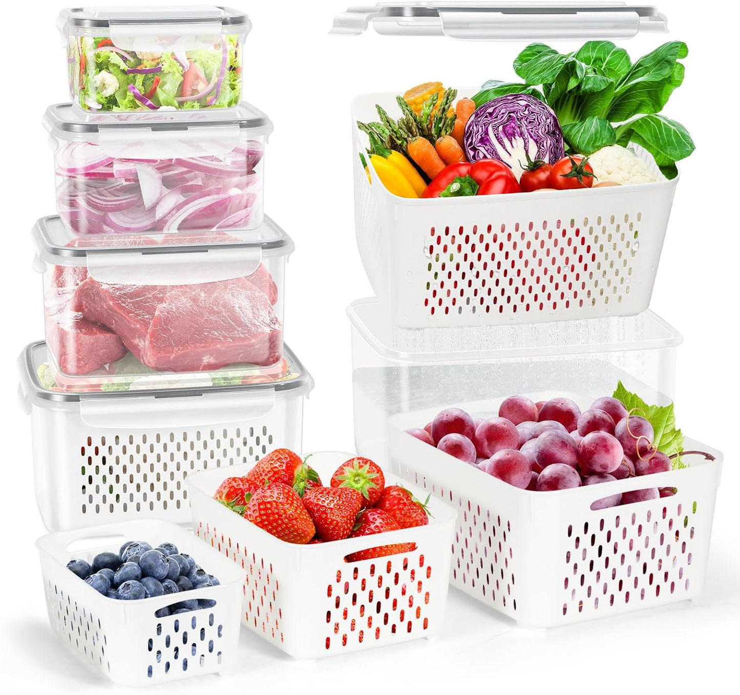 8 Pieces Fruit Storage Containers for Fridge with Lids and Strainer | 4Pack Fruit Containers for Fridge, Fresh Produce Saver Keeper for Vegetable Fruit Salad, BPA Free Organizer for Refrigerator