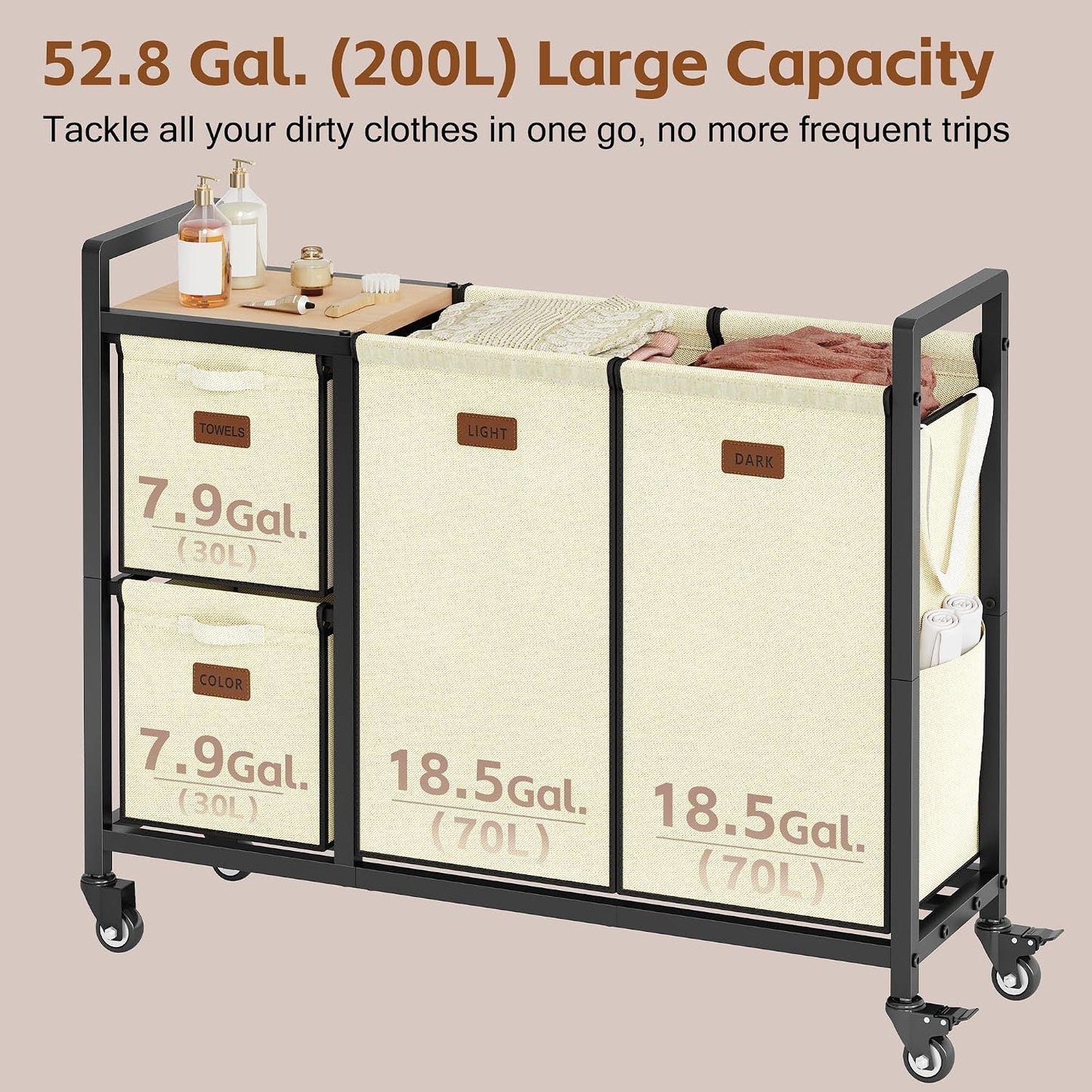 Hoctieon 4 Section Laundry Cart, 52.8 Gal. (200L) Laundry Hamper with Lid, Laundry Basket with Wheels, Rolling Laundry Sorter Organizer with Shelf, Clothes Separator with Removable Bags, Black