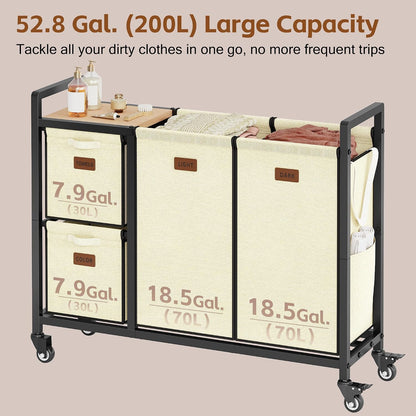 Hoctieon 4 Section Laundry Cart, 52.8 Gal. (200L) Laundry Hamper with Lid, Laundry Basket with Wheels, Rolling Laundry Sorter Organizer with Shelf, Clothes Separator with Removable Bags, Black