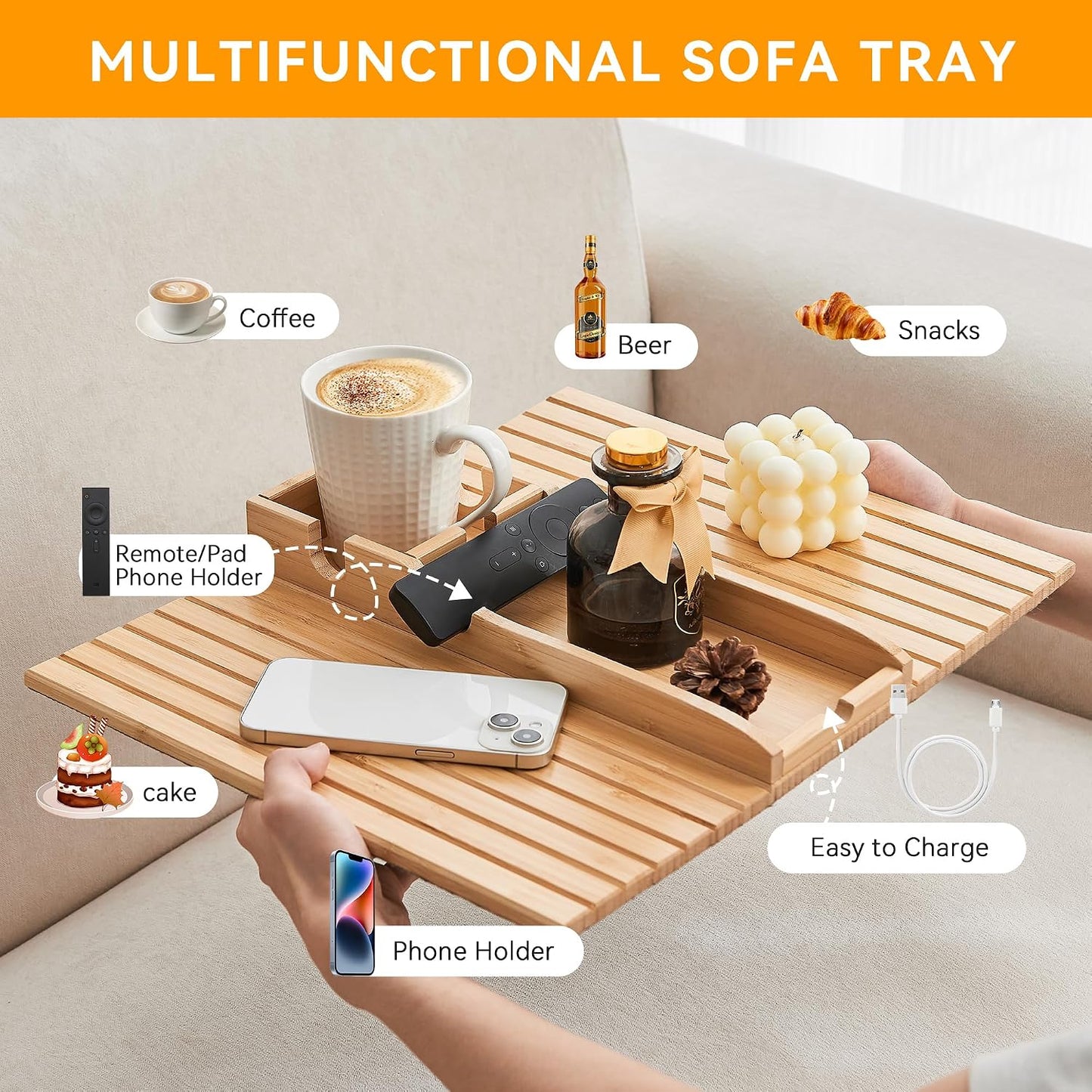 GEHE Bamboo Couch Cup Holder, Anti-Spill Sofa Arm Tray, Natural and Easy to Clean Couch Arm Cup Holder Armrest Tray Perfect for Cups, Beers, Snacks, Remote Control, Drinks