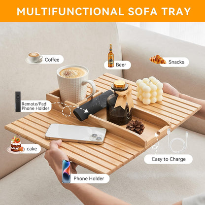 GEHE Bamboo Couch Cup Holder, Anti-Spill Sofa Arm Tray, Natural and Easy to Clean Couch Arm Cup Holder Armrest Tray Perfect for Cups, Beers, Snacks, Remote Control, Drinks