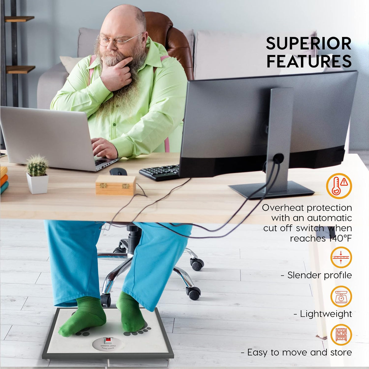 EconoHome Electric Foot Warmer - Foot Heater for Under the Desk, Office or Bedroom - Energy Efficient - Exclusive Overheat Protection Feet Warmer (70 Watts)