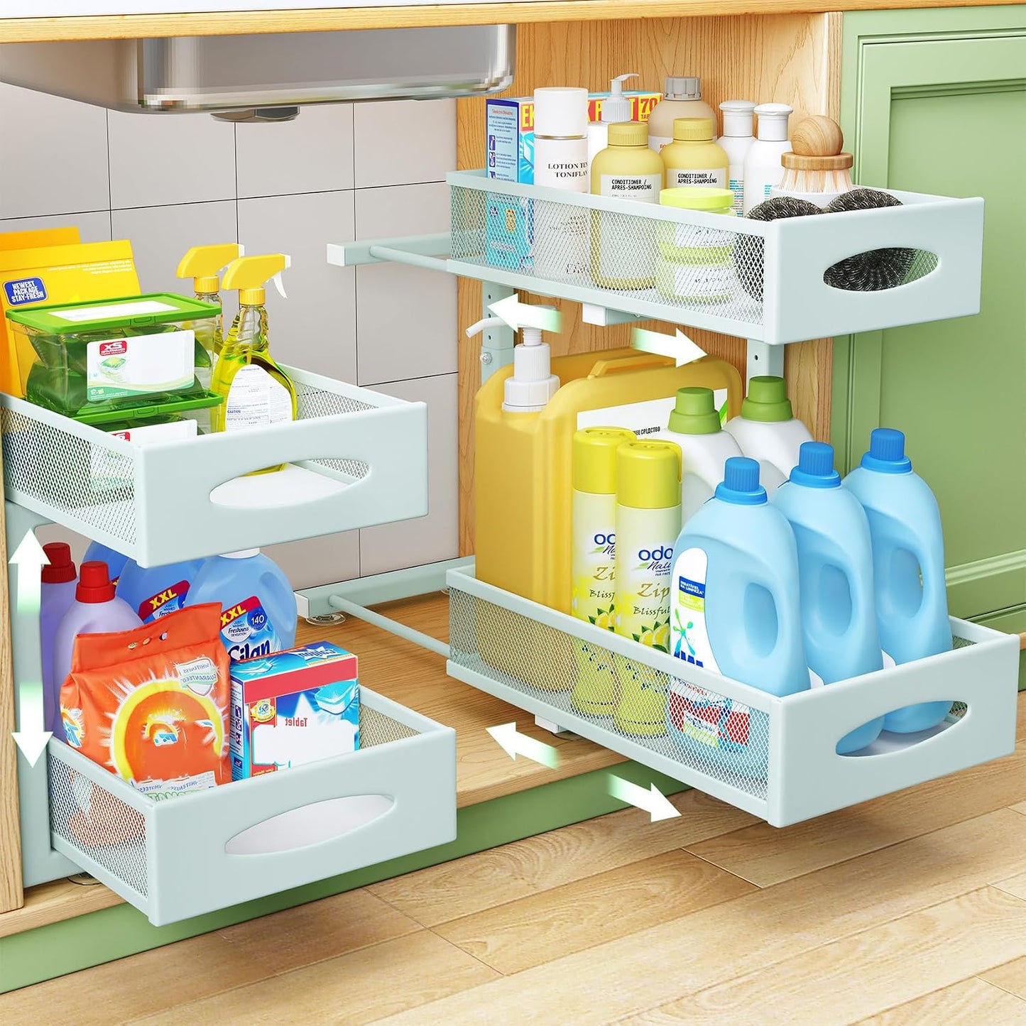 Under Sink Organizer, 2 Tier Pull out Cabinet Organizer Baskets with Mesh Sliding Drawers, Slide out Storage Shelf for Home, Kitchen, Bathroom, Pantry, Office Cabinet, Countertop(1 Pack)