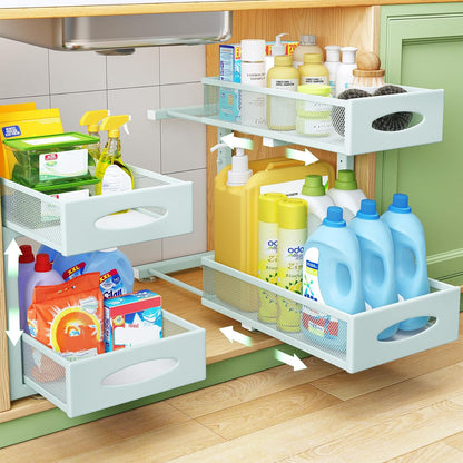Under Sink Organizer, 2 Tier Pull out Cabinet Organizer Baskets with Mesh Sliding Drawers, Slide out Storage Shelf for Home, Kitchen, Bathroom, Pantry, Office Cabinet, Countertop(1 Pack)