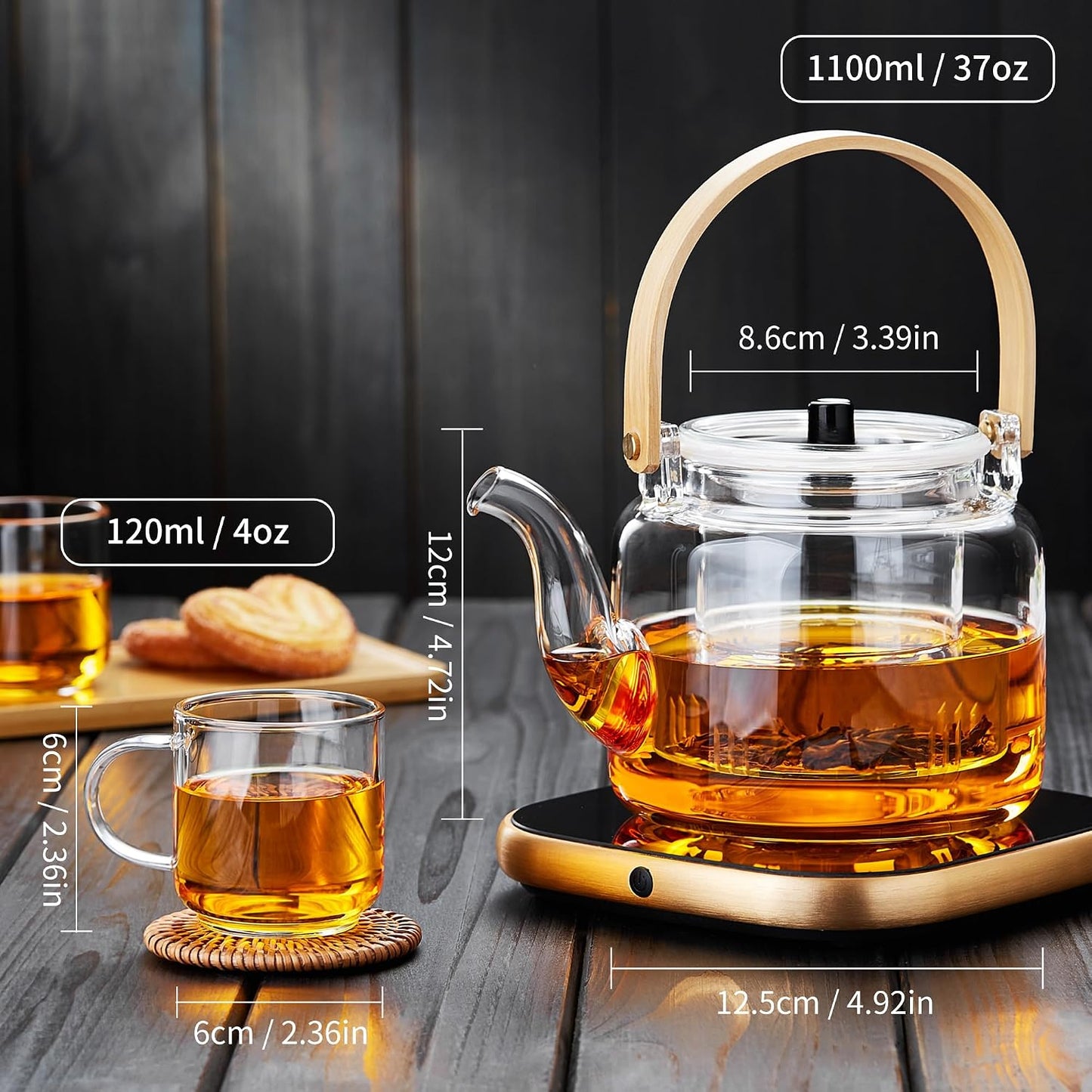 Glass Teapot Set, 37OZ/1100ML Glass Tea Kettle with 4 Double Wall Teacups, Tea Pot with Infusers for Loose Tea, Stovetop & Microwave Safe Tea Maker