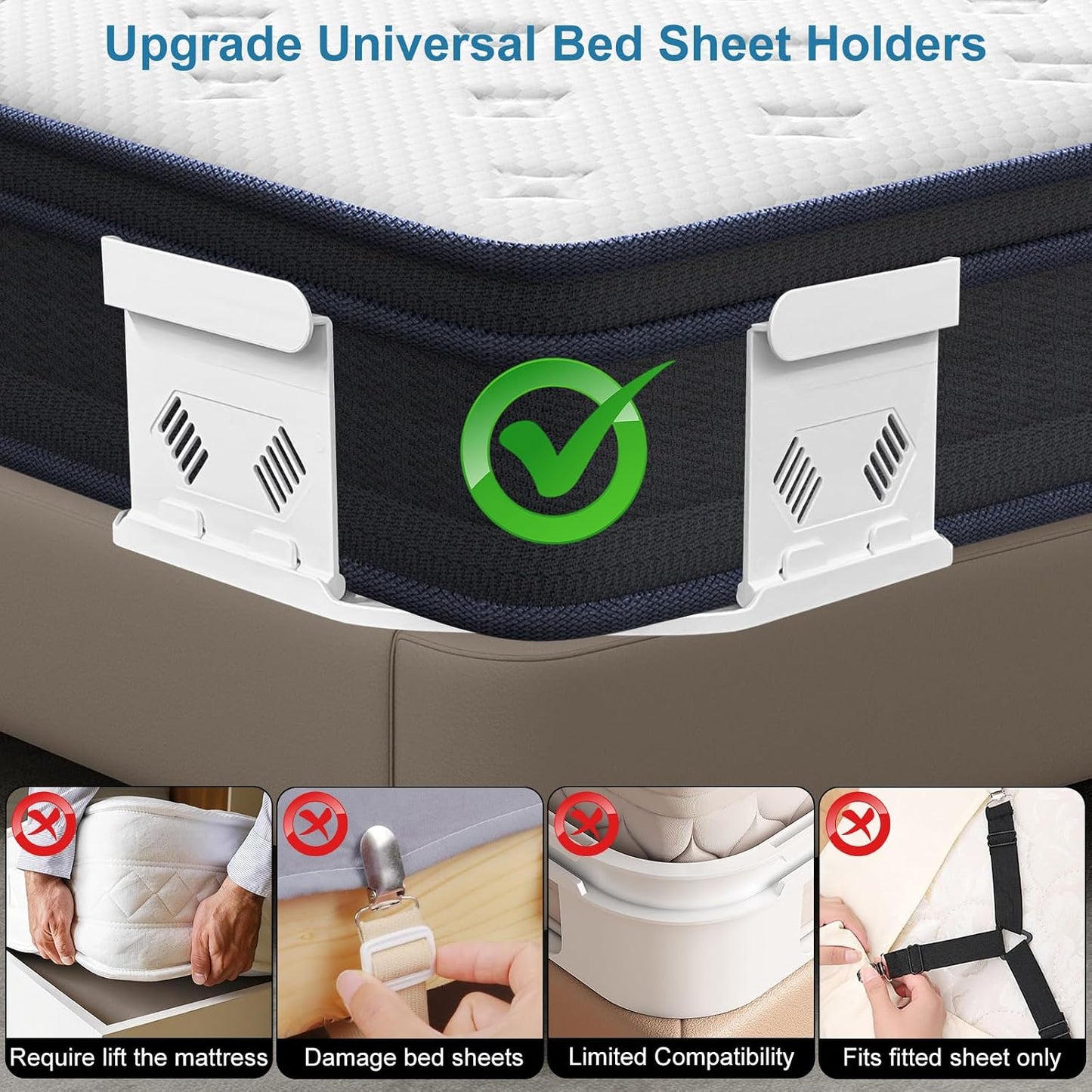 TRELC Bed Sheet Holders for Corners, 4PCS Upgrade Fitted Sheet Holders Keep Sheets Firm & Tight, Easy Install & Foldable Sheet Clips Sheet Straps Fit Various Mattress
