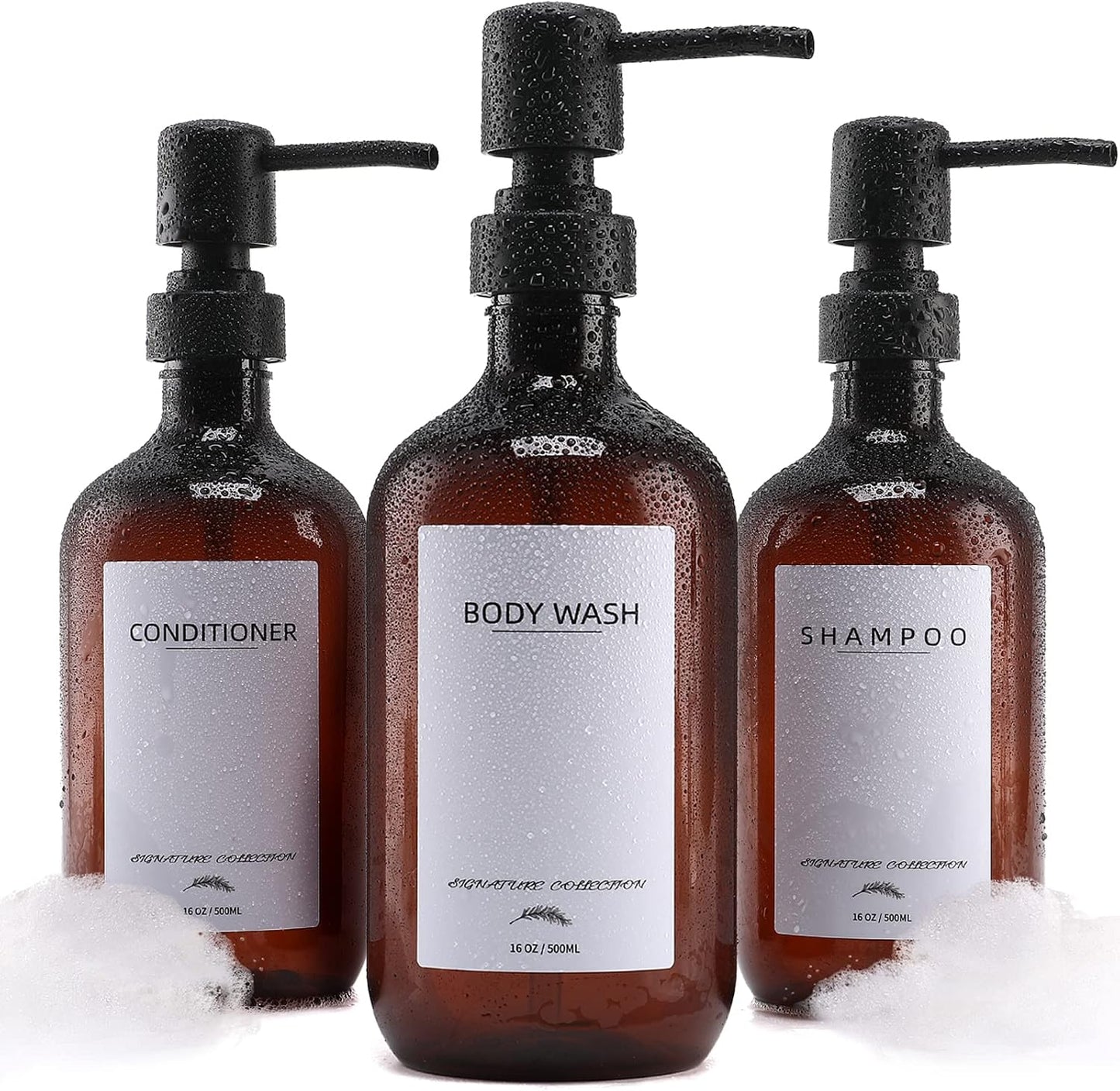 Supforce Shampoo Dispenser for Shower, No Drill Dispenser with Pump & Label | Shampoo and Conditioner Dispenser Wall Mount Set of 3, Pet Bottle Shower Soap Dispenser for Home Bathroom, Amber