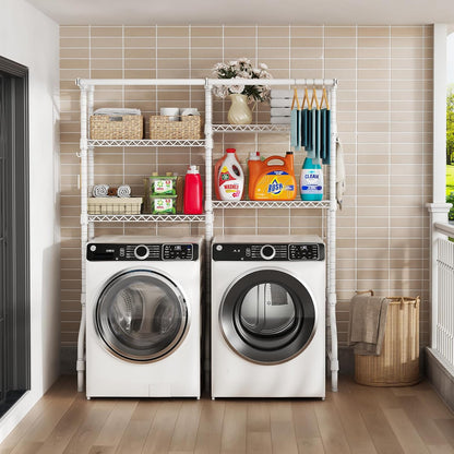 U14 Over Washer and Dryer Storage Shelves, 4 Tiers Laundry Room Storage and Organizer System, Space Saving Clothes Drying Rack with 2 Clothes Hanger Rods, 66.5" W x 20.5" D x 77.4" H, Black