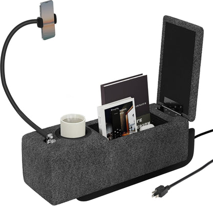 Couch Caddy with Cup Holder, 20.3 Inch White Armrest Console | Removable Sofa Armrest Organizer with Charging and Phone Holder, Storage for Remotes, Snacks and Everyday Essentials