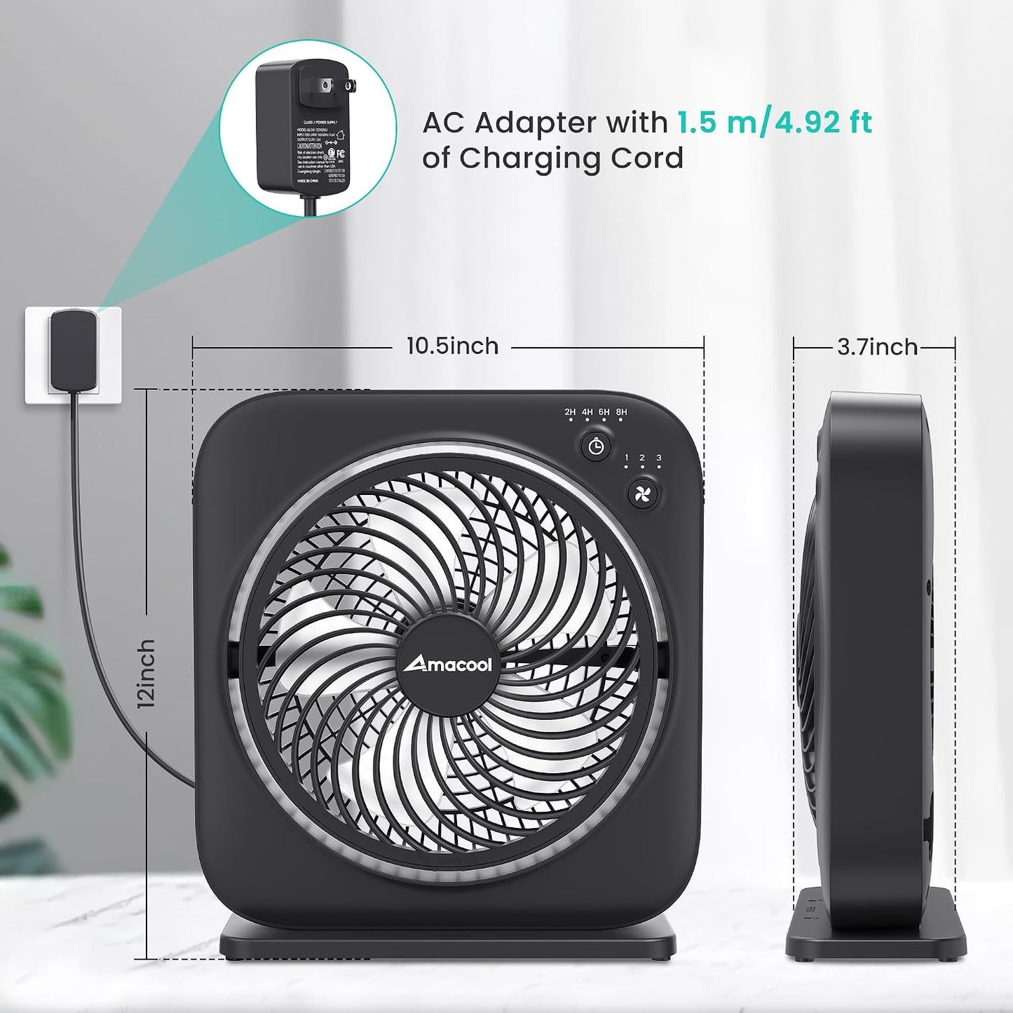 AMACOOL Table Fan, 12 inch Box Fan with 3 Speeds & 8HRS Timer, 270° Pivoting Quiet Air Circulator, Desktop Fan for Bedroom Bathroom Kitchen Office, AC Adapter Included, Co-Branded with Cmyfato-Black