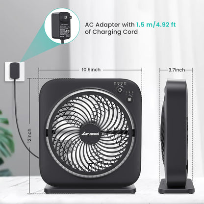AMACOOL Table Fan, 12 inch Box Fan with 3 Speeds & 8HRS Timer, 270° Pivoting Quiet Air Circulator, Desktop Fan for Bedroom Bathroom Kitchen Office, AC Adapter Included, Co-Branded with Cmyfato-Black