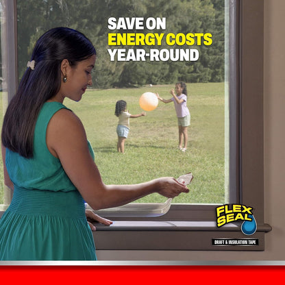 Flex Seal Draft and Insulation Sealing Tape, Flexible, Rubberized, Weatherproof Strip for Windows, Doors, Vents, Works on Wood, Glass, Tile, Metal, Plastic, Fiberglass, Clear, 2 in x 16 ft, Pack of 1