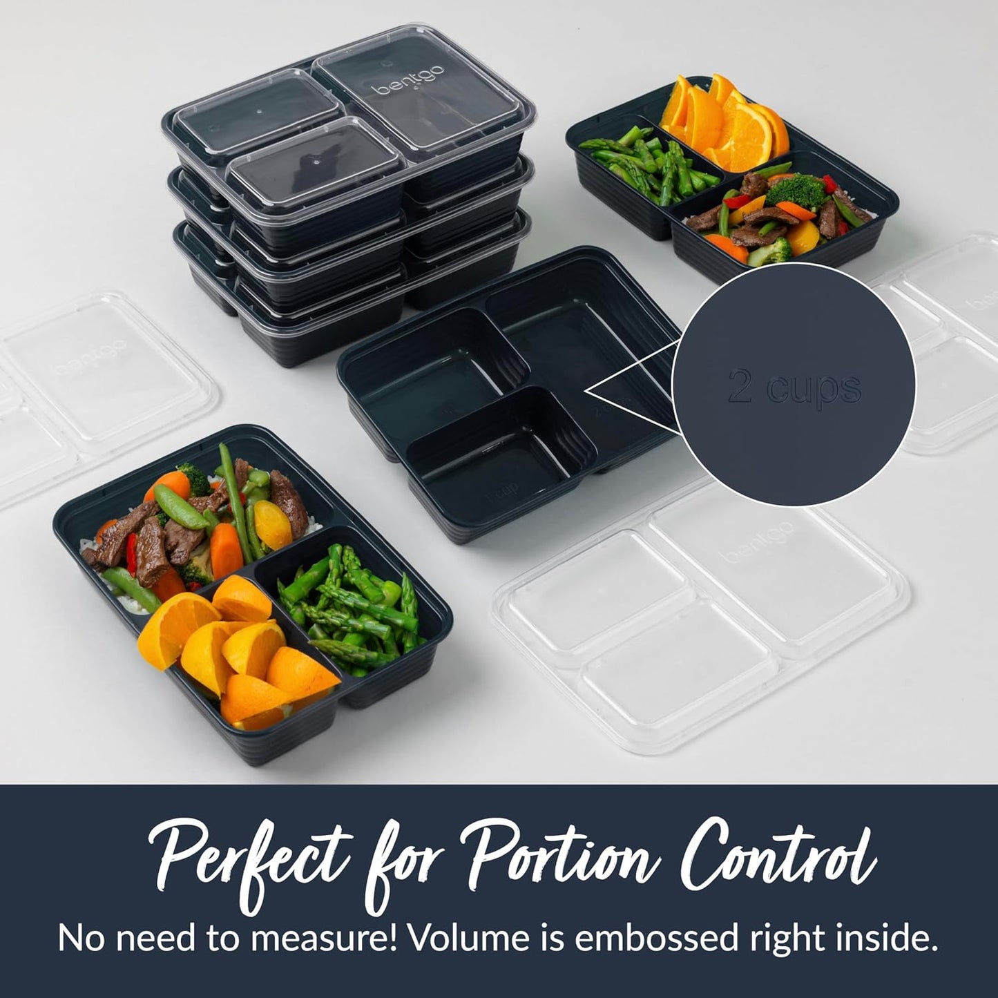 Bentgo Prep 3-Compartment Meal Prep Containers with Lids, 20 Piece Set | 4-Cup Capacity, Portion Control, Stackable, Microwave, Freezer & Dishwasher-Safe, PFAS & BPA-Free (Navy Blue)